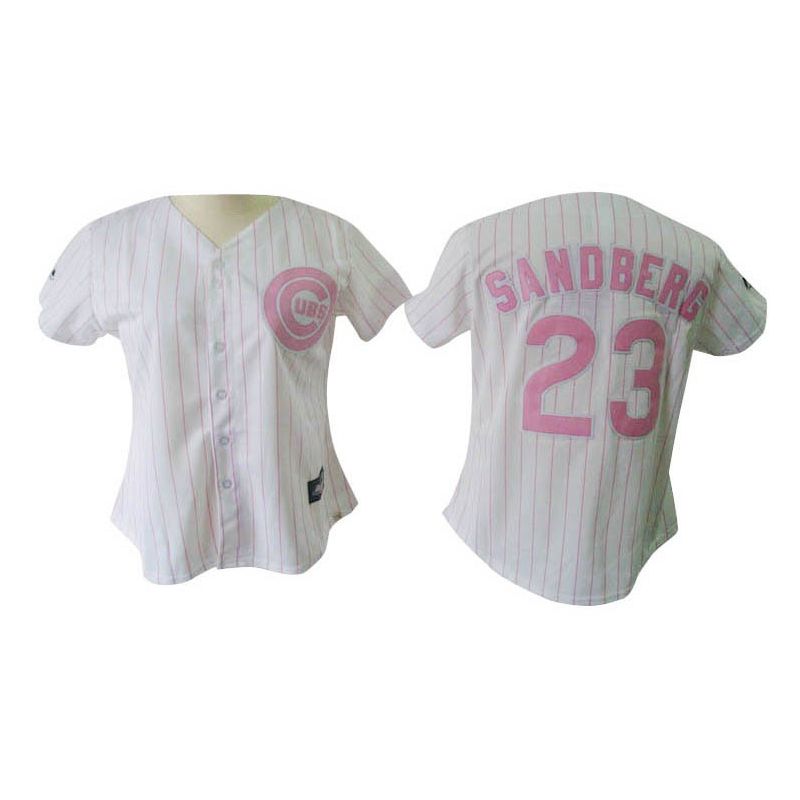 Cheap Ryne Sandberg Cubs Woman Jersey From China #23 White Pink strip