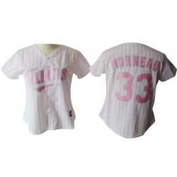 Cheap Justin Morneau Twins Woman Jersey From China #33 White Pink Strip