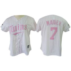 Cheap Joe Mauer Twins Woman Jersey From China #7 White Pink Strip