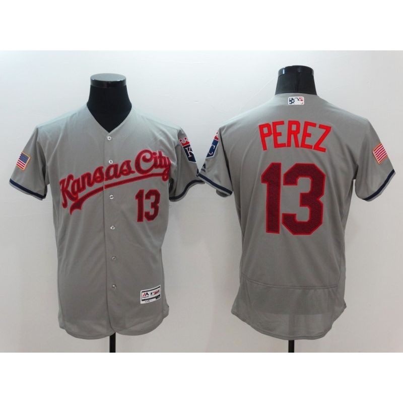 Cheap Salvador Perez Royals Jersey From China Grey Fashion Stars & Stripes 2016 FLEXBASE #13 in Men Women Youth Size