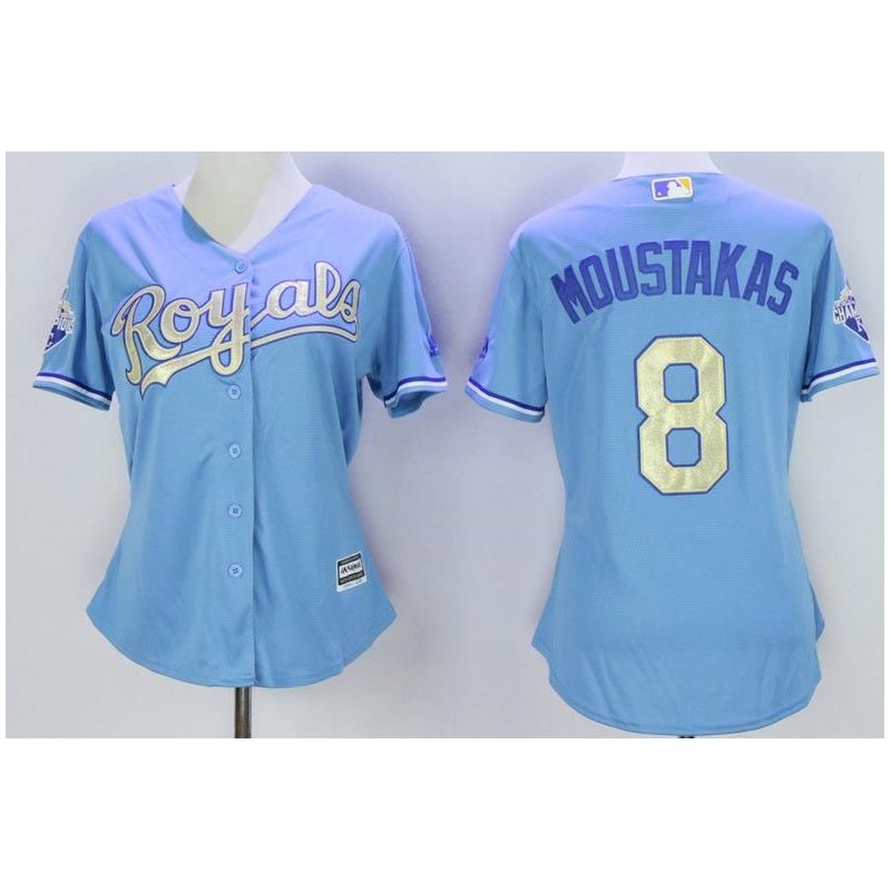 Cheap Mike Moustakas Royals Women Jersey From China Light Blue 2016 champion #8