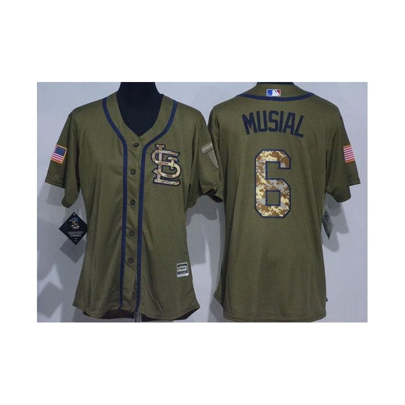 Cheap Stan Musial Cardinals Women Jersey From China Olive Salute TO Service #6