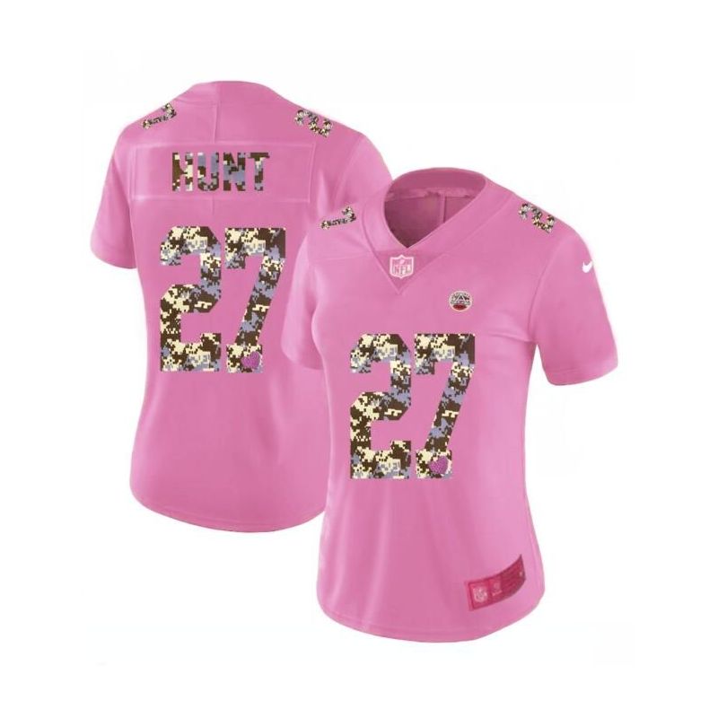 Cheap Kareem Hunt Chiefs Women Jersey From China Pink Camouflage Font with Love Heart #27