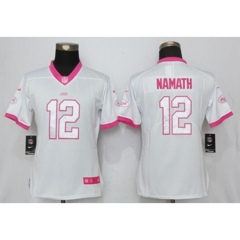 Cheap Joe Namath Jets Women Jersey From China White&Pink Vapor Untouchable Limited #12