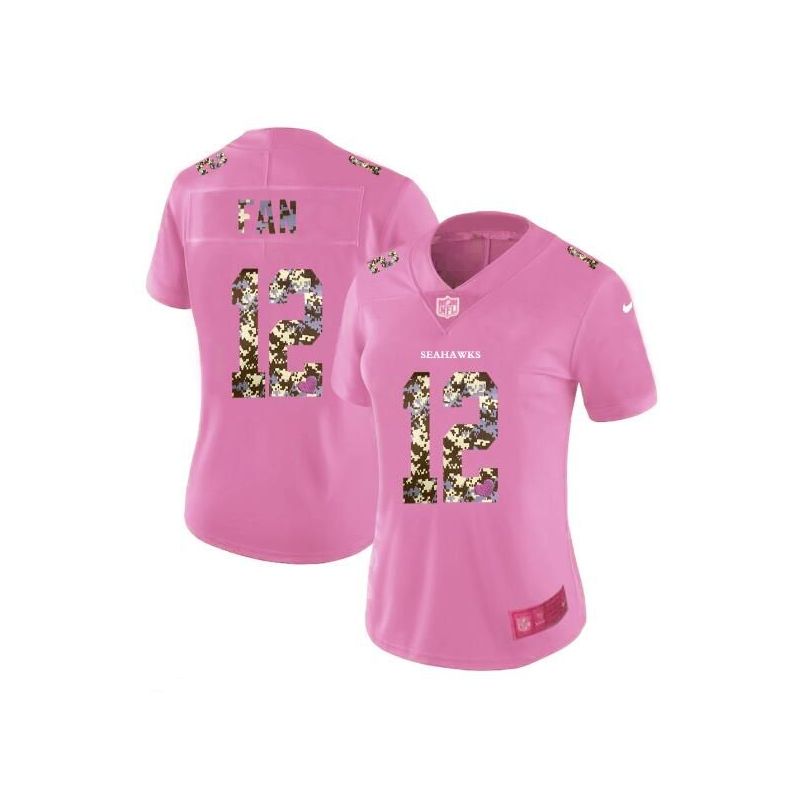 Cheap 12th Fan Seahawks Women Jersey From China Pink Camouflage Font with Love Heart #12