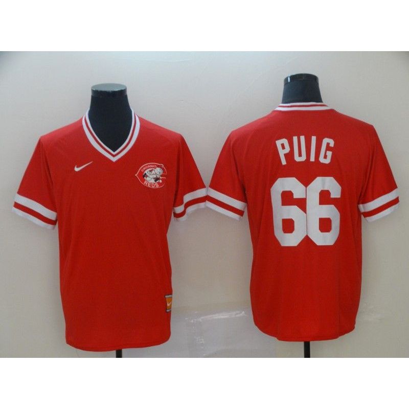 Cheap Yasiel Puig Reds Jersey From China Red Cooperstown Collection Legend Throwback #66