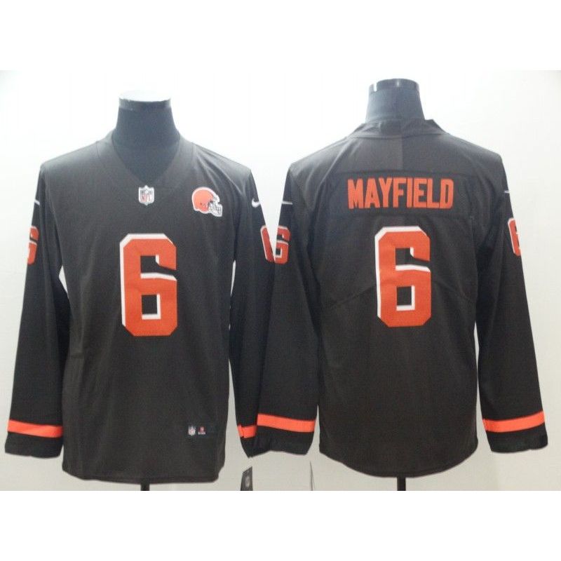 Cheap Baker Mayfield Browns Therma Long Sleeve Jersey From China #6 Brown