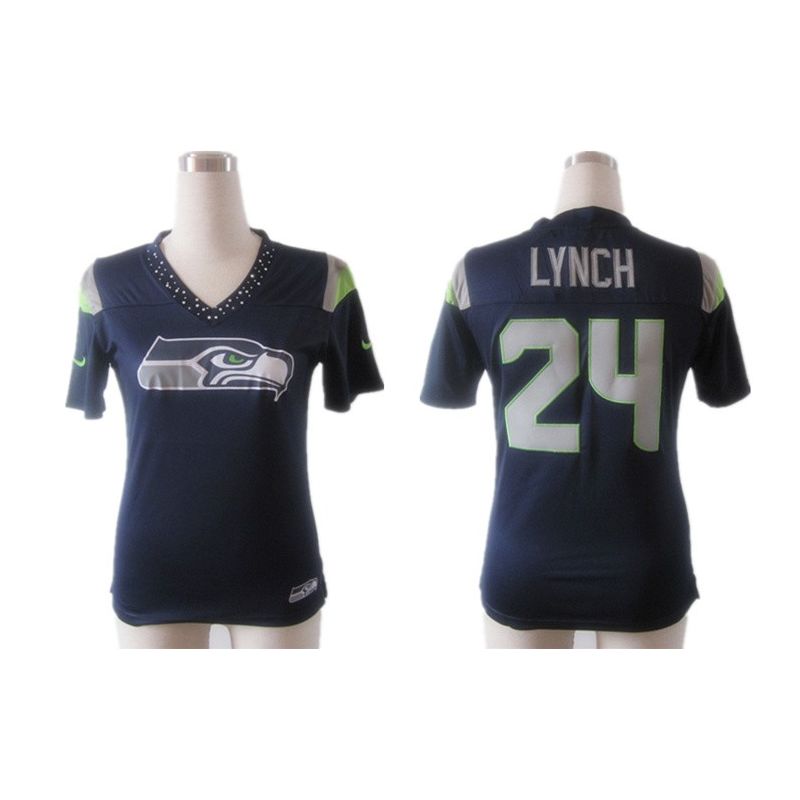 Cheap Marshawn Lynch Seahawks Jersey #24 Blue Rhinestone Collar Fashion